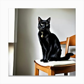 A Photo Of A Black Cat Sitting On A White Chair 1 Canvas Print