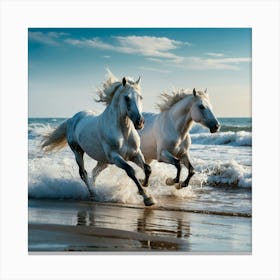 White Horses Running On The Beach 3 Canvas Print