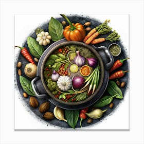 Pot With Herbs, Vegetables, And Spices Canvas Print