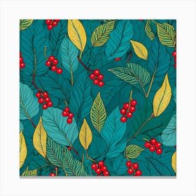 Seamless Pattern With Red Berries And Leaves 1 Canvas Print