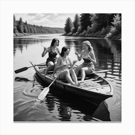 Eating Pasta on a Lake, Three Women On Raft, Funny Black and White Vintage Photo Art Print 2 Canvas Print