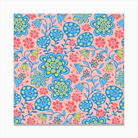 GARDEN WILD Boho Floral Cottage Botanical in Icy Blues Red Sunshine Yellow on Pink Canvas Print