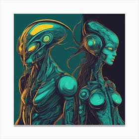 Alien Woman And Man Painted To Mimic Humans, In The Style Of Art Elements, Folk Art Inspired Illus Canvas Print