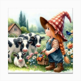 Little Gnome With Cows Canvas Print