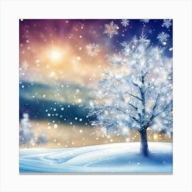 Winter Sunrise Landscape With Snowflakes Canvas Print