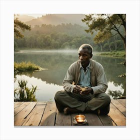 Man Sitting By A Lake Canvas Print