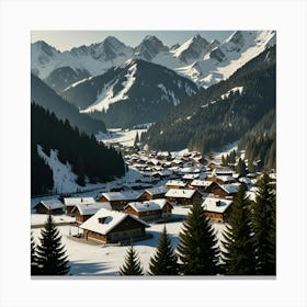 A Picturesque Alpine Village Nestled Among Snow Covered Mountains And Evergreen Forests Canvas Print