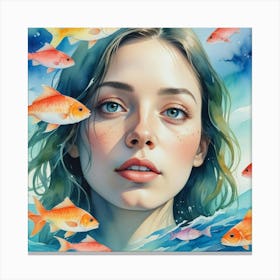 Girl With Fishes Canvas Print