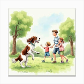 Watercolor Springer Spaniel And A Family Playing Catch In The Park Canvas Print