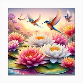 Water Lilies And Birds Canvas Print