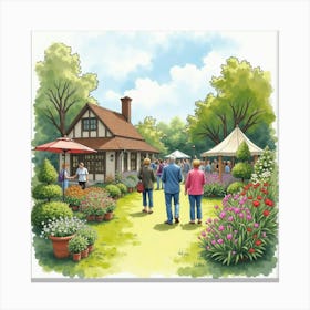 A Watercolor Of Locals Attending A Charming English Garden Show, With Floral Displays And Plants 1 Canvas Print