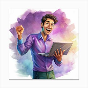 Happy Man With Laptop In Front Of A Colorful Abstract Background Canvas Print