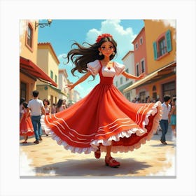 Spanish Girl In A Lively Parade, Watercolor With Vibrant Festivities 1 Canvas Print