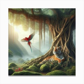 Tiger And Parrot In The Forest Canvas Print