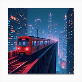 Train Darting Through A Glowing Neon City At Night With Towering Buildings 1 Canvas Print