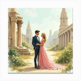 Sophisticated Couple In Watercolor Outfits, Ancient Ruins 1 Canvas Print