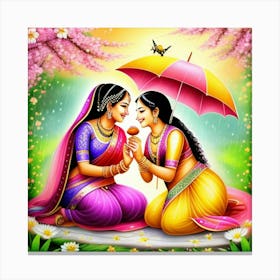 Two Indian Women With Umbrella Canvas Print