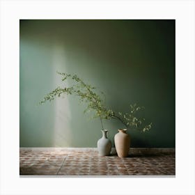 Two Vases In Front Of A Green Wall 1 Canvas Print