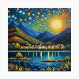 Starry Village Serenade: A Celestial Dance Over Mountain Hamlet wall art Canvas Print
