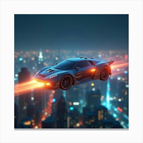 Glowing Futuristic Flying Car With Aerodynamic Wings, Cruising Over City Lights 1 Canvas Print