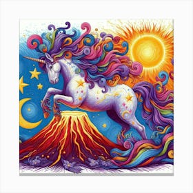 A Unicorn With Colorful Streaks Of Ribbon With Purple Feathers Sun And Moon And Star In A Volcano Of Red Van Gogh Style Canvas Print