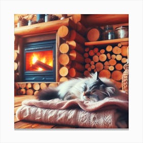 Cat Sleeping In Front Of Fireplace 1 Canvas Print