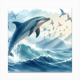 Sea Dolphin In Motion, Sea Dolphin Watercolour Art Print 3 Canvas Print