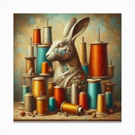 Rabbit With Spools Of Thread Canvas Print