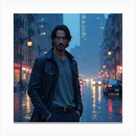 Keanu Reeves In A Peaceful Watercolor Cityscape At Night, Soft Lights Canvas Print