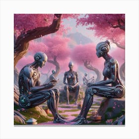 Robots In Cherry Blossoms Canvas Print