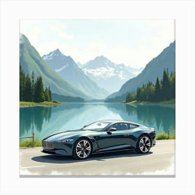 Modern Car By A Scenic Mountain Lake, Watercolor Painting 1 Canvas Print