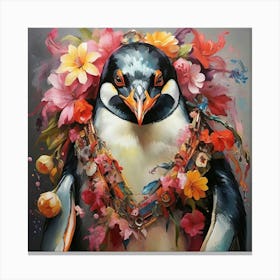 Penguin With Flowers art print Canvas Print