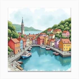 Charming Seaside Town In Watercolor, With Colorful Houses And Harbor Views Canvas Print