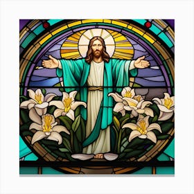 Jesus Christ on cross with lilies stained glass window Canvas Print