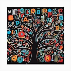 An Image Of A Tree With Letters On A Black Background, In The Style Of Bold Lines, Vivid Colors, Gra Canvas Print