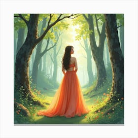 Graceful Lady In Watercolor Attire, Majestic Forest Glen 1 Canvas Print