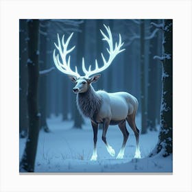 An Elk With Antlers Made Of Ice Crystals, Walking Through A Snow Covered, Glowing Forest Canvas Print