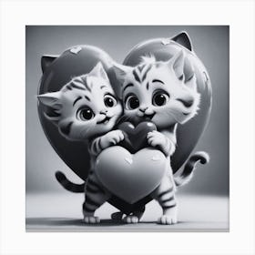 Black and White Lovers Cat Holding A Heart Canvas Print