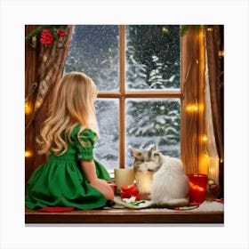 Firefly Little Girl, Blonde, Red Bow, Green Dress, Looking Out, Window, Snow Covered Forest, Fabulou (1) Canvas Print