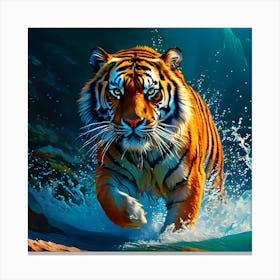 Tiger Running In The Water Canvas Print