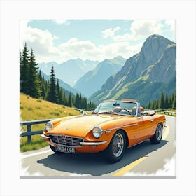 Retro Sports Car With A Picturesque Mountain Road, Watercolor Painting 1 Canvas Print