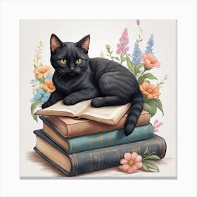 Black Cat On Books Canvas Print