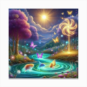 Stream With Bioluminescent Fish Butterflies Sun Spinning Wind Tree 6 Canvas Print