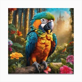 Colorful Parrot Painting, Summer exotic floral, Tropical Bird, Landscape Canvas Print