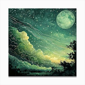 Textured Hand Drawn Night Landscape With Moonlit Sky Canvas Print