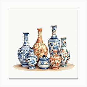 Watercolor Painting Of Traditional Spanish Ceramics With Intricate Designs Canvas Print