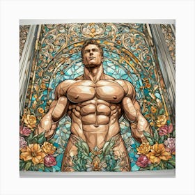 Stained Glass Strength: Muscle Man Illuminated in Art Canvas Print