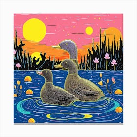 Duckling Colourful In The Pond Linocut Style 1 Canvas Print