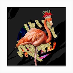 Royal Flamingo Wearing Floral Crown In Black And Gold 1 Canvas Print