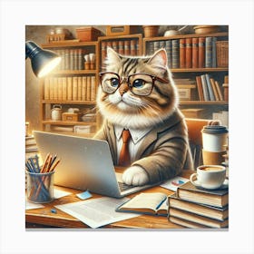 Office Cat Wall Print Art A Humorous Depiction Of A Cat As An Office Worker, Perfect For Blending A Love Of Cats And Work Life In Any Space Canvas Print